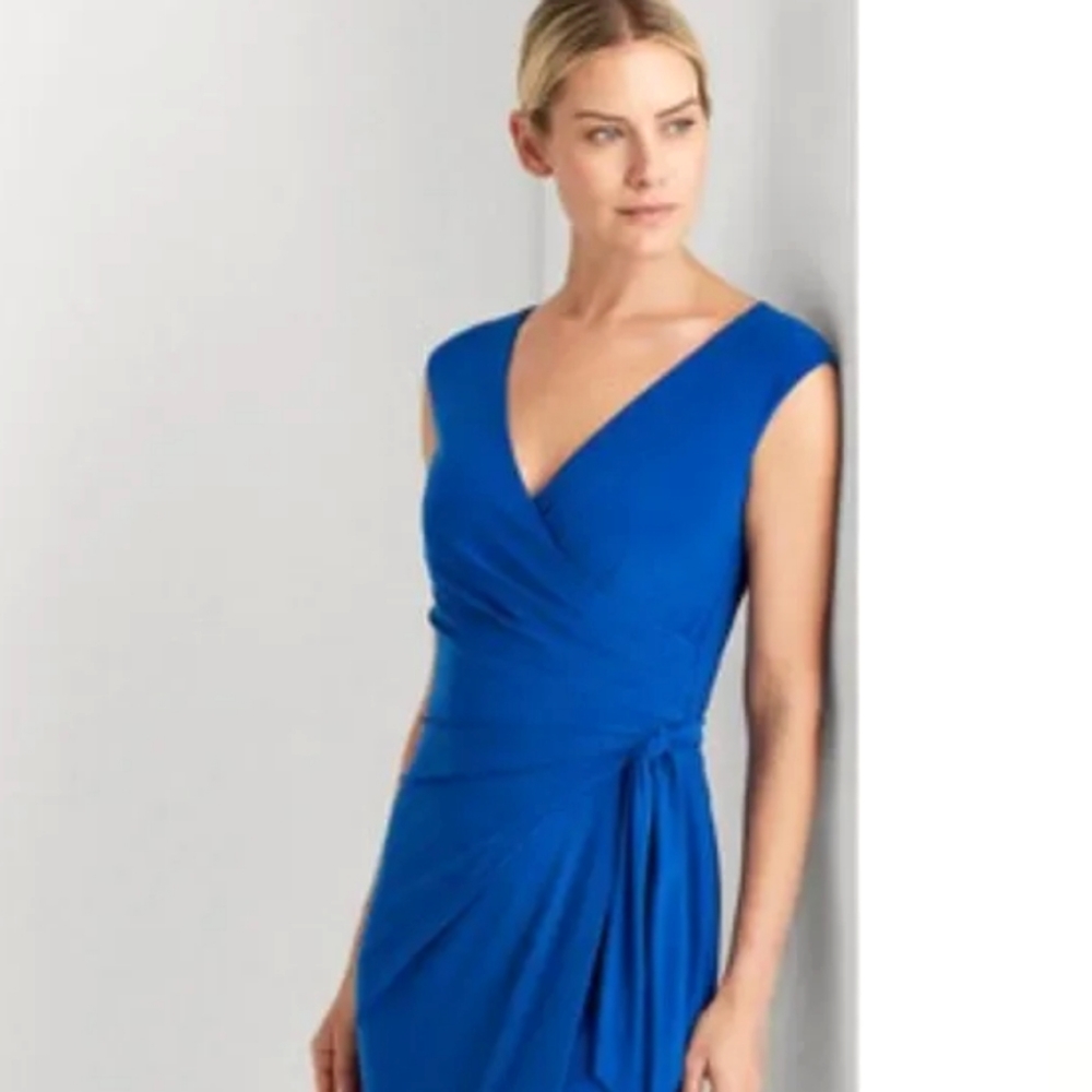 Blue Faux Wrap Midi Sleeveless Dress